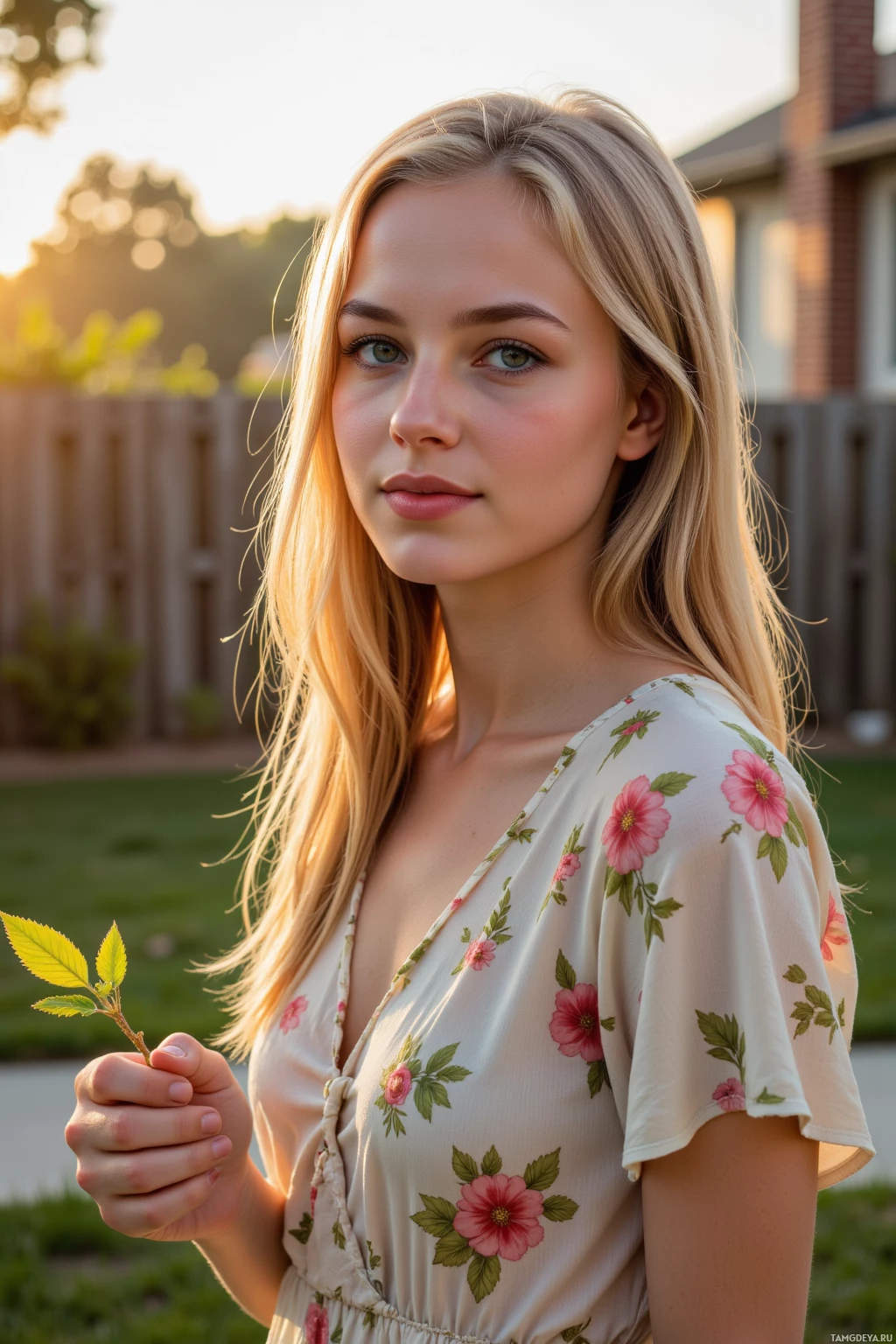 Realistic high quality photo. A 24‑year‑old woman with long blonde hair, soft blue eyes, pale skin, wearing a light floral blouse and flowy skirt, standing in her backyard at sunset beside a small sprout breaking through cracked concrete while she smiles gently, listening to whispering leaves.