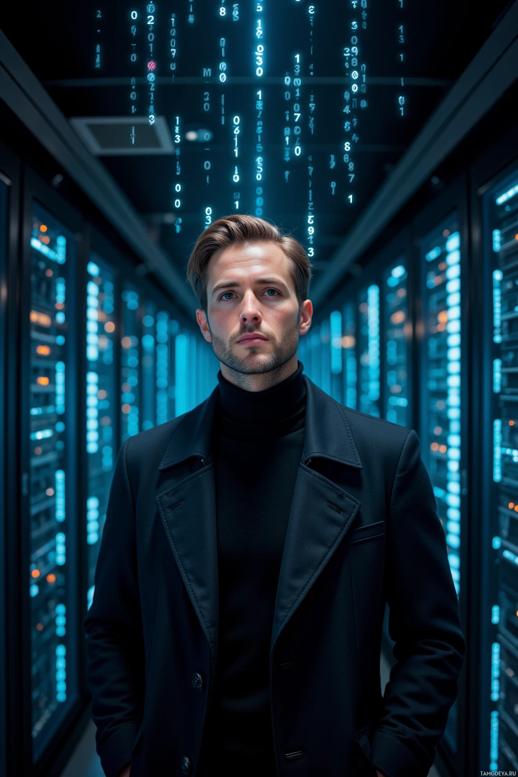 Realistic high quality photo. Male, 37, slicked‑back light brown hair, gray eyes, wearing a black turtleneck and sleek futuristic coat, standing in a dim server room with glowing server racks, analyzing holographic hex and binary data streams projected above the racks under low ambient lighting.