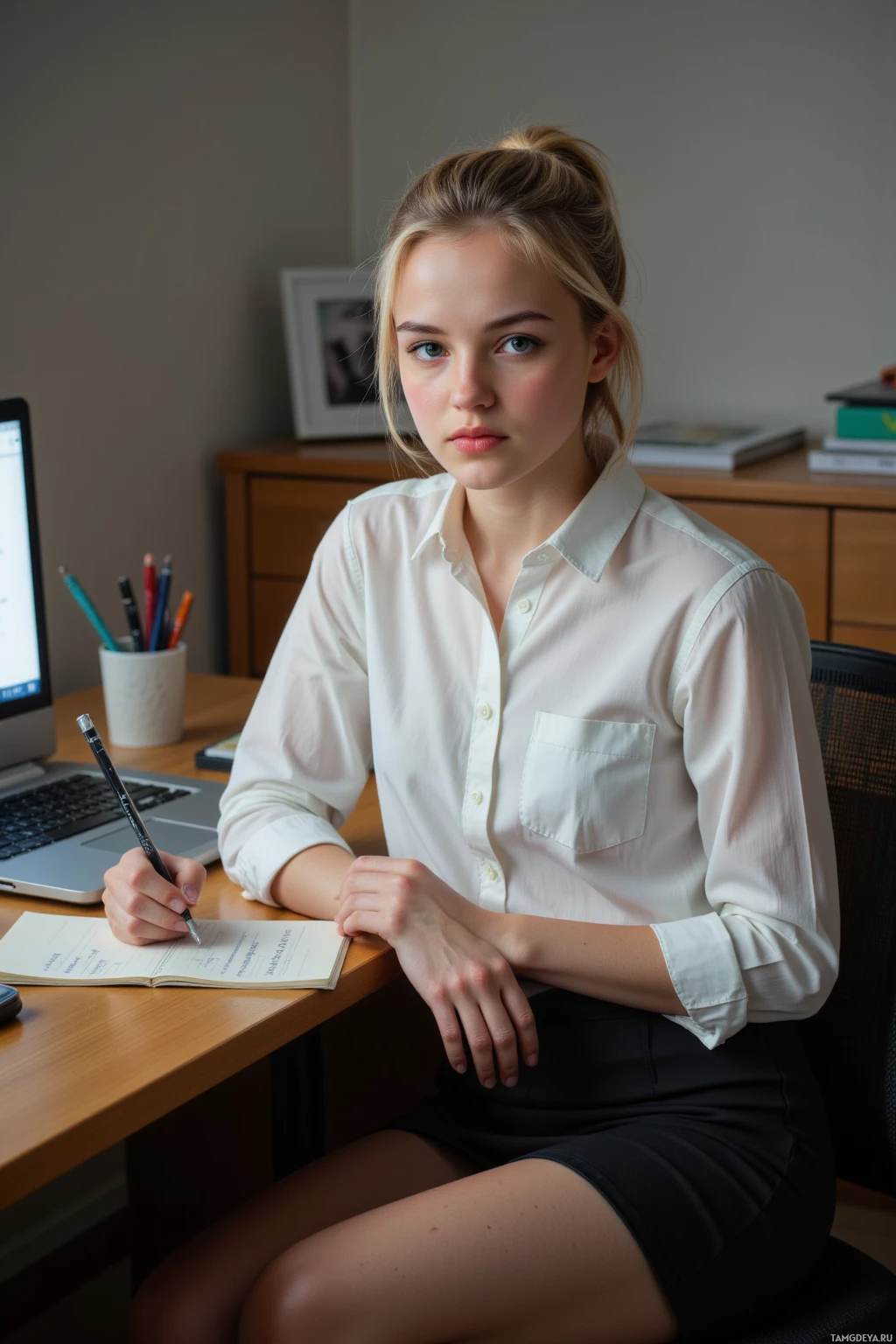 Realistic high quality photo. 17-year-old woman with short blonde hair in a neat ponytail, piercing blue eyes, pale skin, wearing a crisp white blouse and black pencil skirt, sitting at a modern wooden desk in her bedroom at evening, working on a laptop displaying a digital notes hierarchy while holding a mechanical pencil with a unique eraser in a small organizer on the desk, surrounded by neatly arranged stationery under soft desk lamp light.