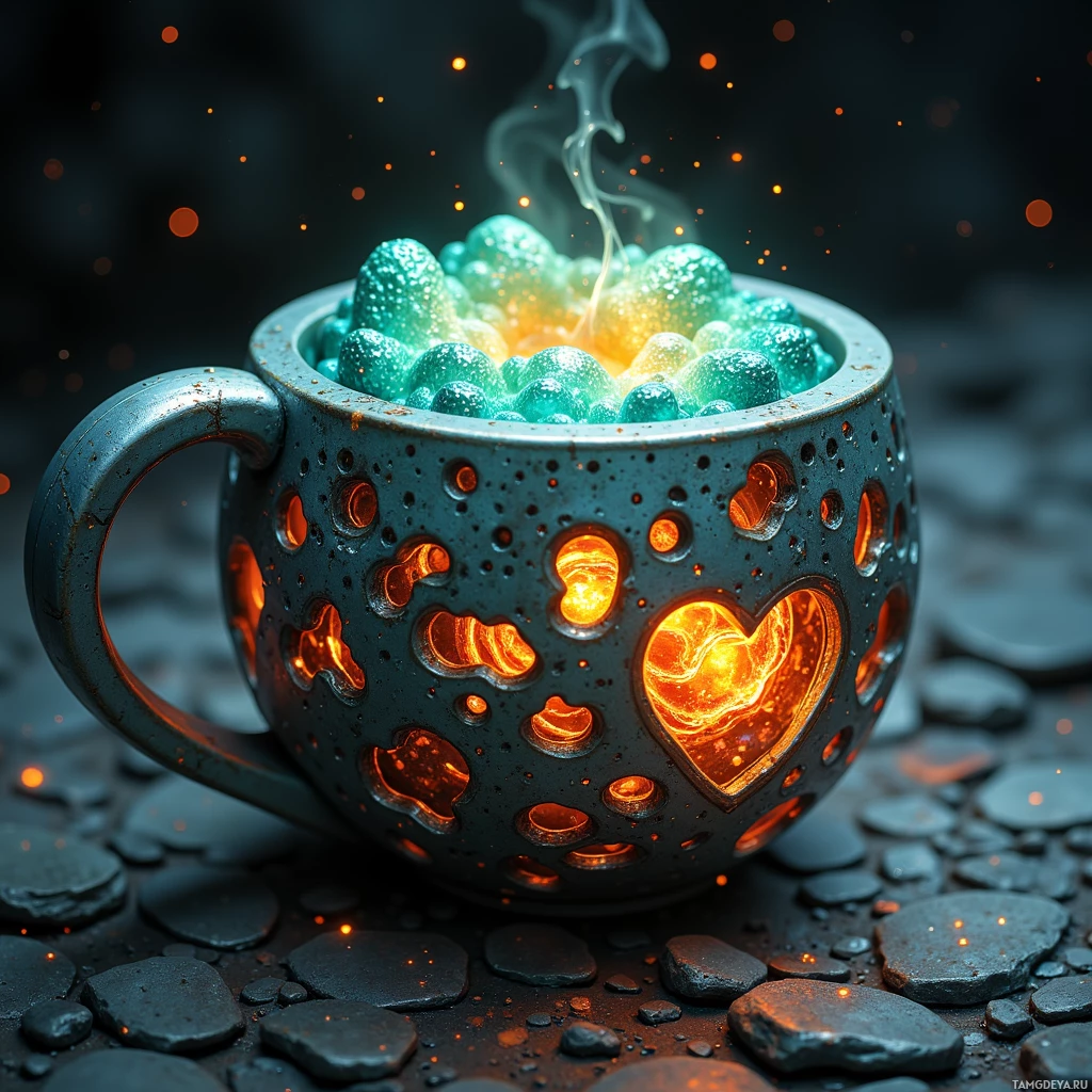 Semi-abstract image with many light, that is suitable for the post:  Compact alloy forge the size of a coffee mug, lattice exterior emitting a soft teal glow, intricate inner swarm of nanites swirling within, micro‑fusion core glowing amber, sleek curves optimized for minimal friction, a fusion of art and engineering.