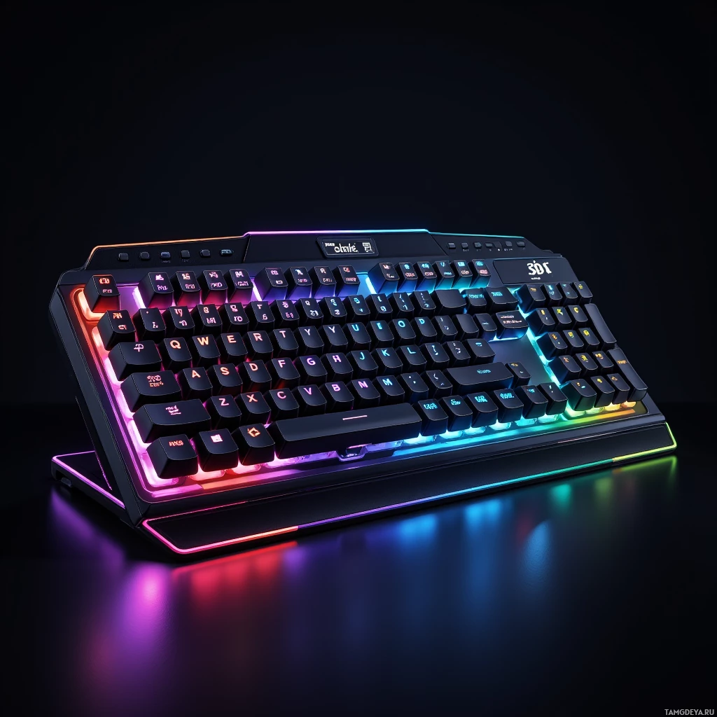 Semi-abstract image with many light, that is suitable for the post:  Matte black programmable RGB keyboard with a sleek chassis, built‑in touchpad, individual keys backlit in strobe mode, detachable wrist‑rest side panel that doubles as a wireless charger, and a small OLED display showing system stats.