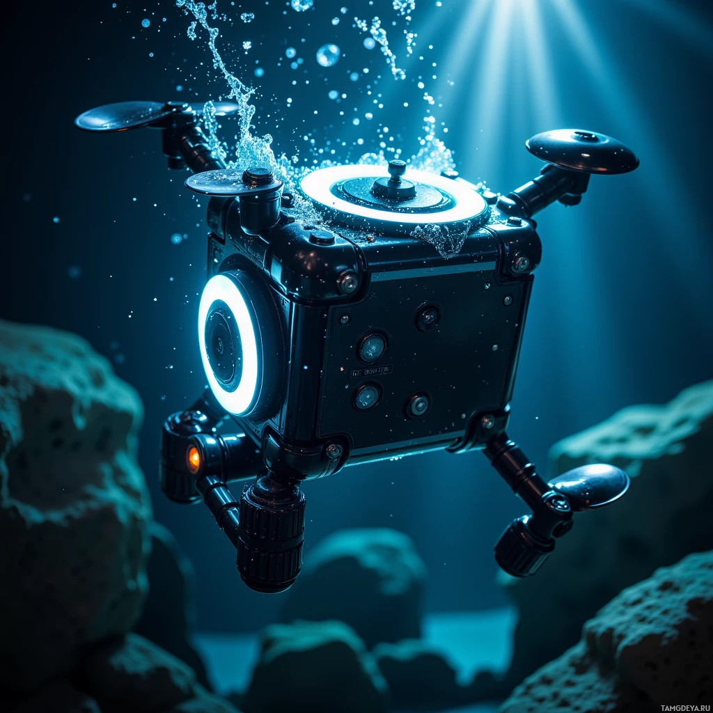 Semi-abstract image with many light, that is suitable for the post:  Glossy black cube handheld underwater drone with a bright LED ring, a thin flexible arm, a compact joystick, and a foldable, waterproof design.