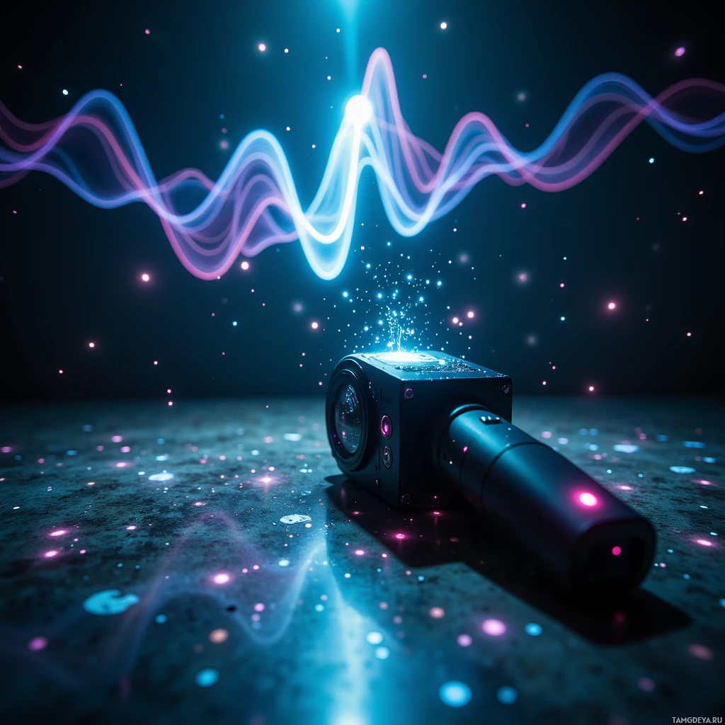 Semi-abstract image with many light, that is suitable for the post:  Matte black handheld spectral mapping scanner with a tiny holographic display projecting translucent, glowing waveforms onto walls, illuminating dust motes as shimmering holographic layers of light.