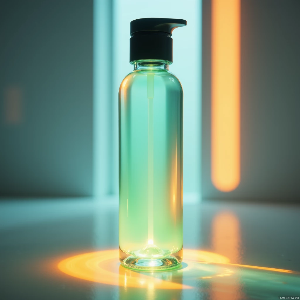 Semi-abstract image with many light, that is suitable for the post:  Sleek slender glass hydration bottle, transparent body glowing softly in shifting blue to green hues with subtle orange undertones, ergonomic cap, minimalist design.