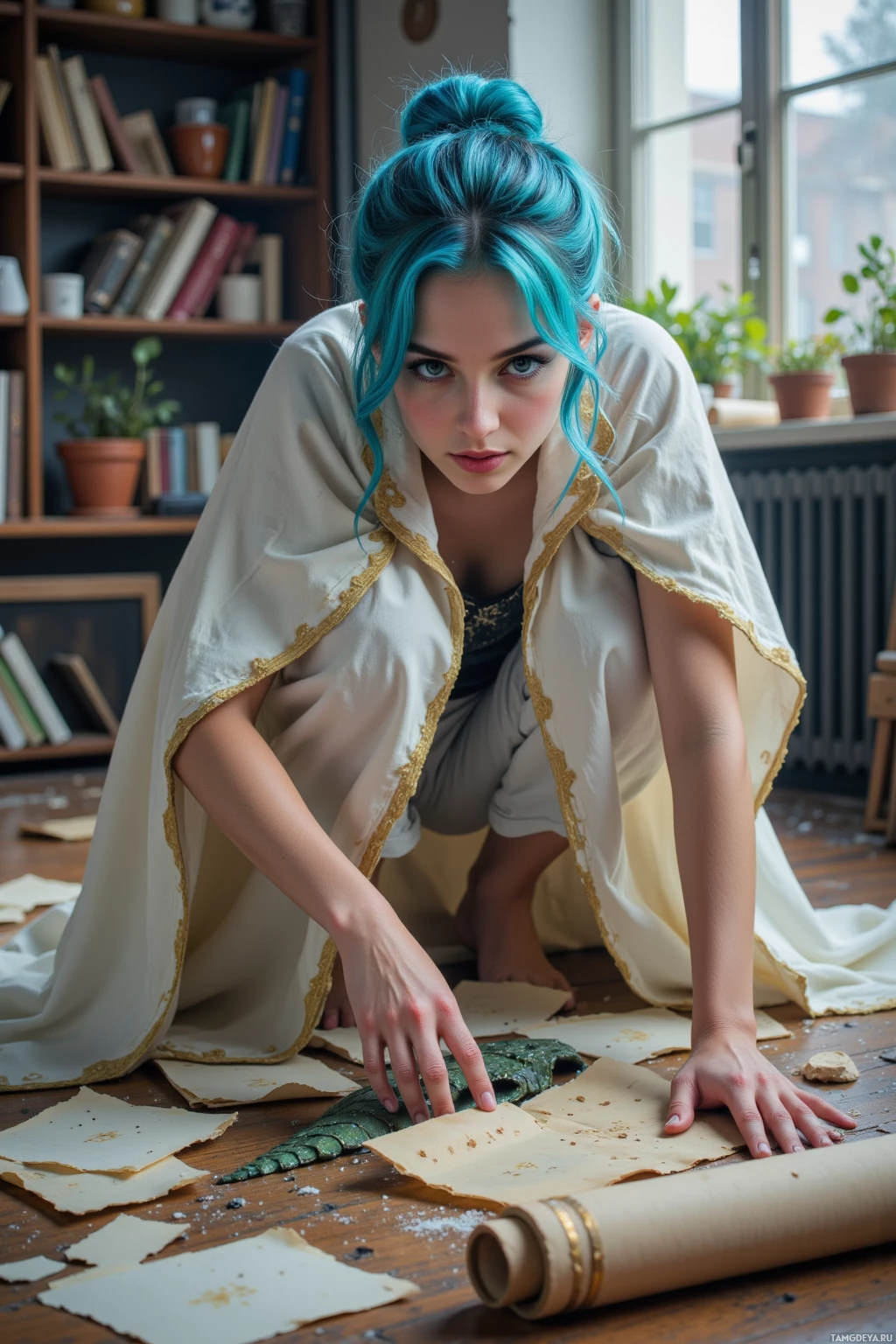 Realistic high quality photo. 27‑year‑old woman with bright blue hair in a messy bun, blue eyes, fair skin, wearing a white flowing cloak with gold embroidery, hunched over a cluttered studio floor littered with torn parchment, a half‑finished dragon‑scale prop, a stack of scrolls, and floating dust motes, late evening light filtering through a window, exuding a creative, distracted vibe.