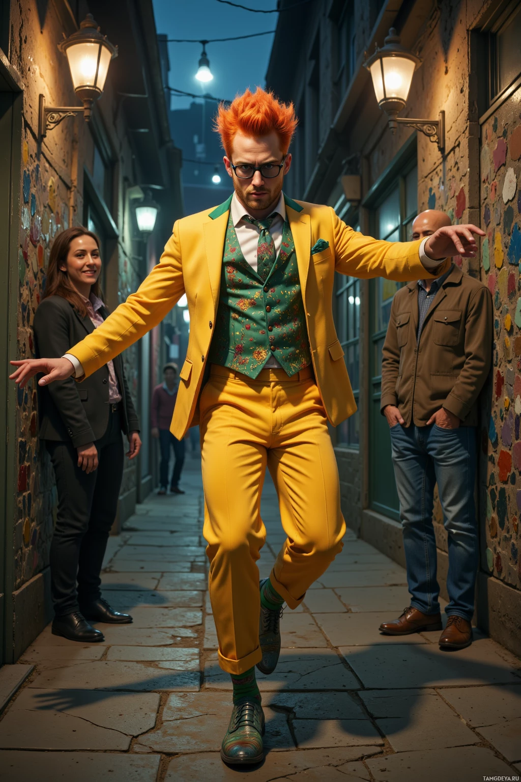 Realistic high quality photo. Man with bright orange pompadour, blue eyes behind glasses, pale freckled skin, wearing a vibrant yellow suit with green accents, patterned tie and mismatched socks, dancing across a cracked mosaic wall in a dim alley illuminated by flickering streetlights, while a laughing passerby watches, late night urban scene.