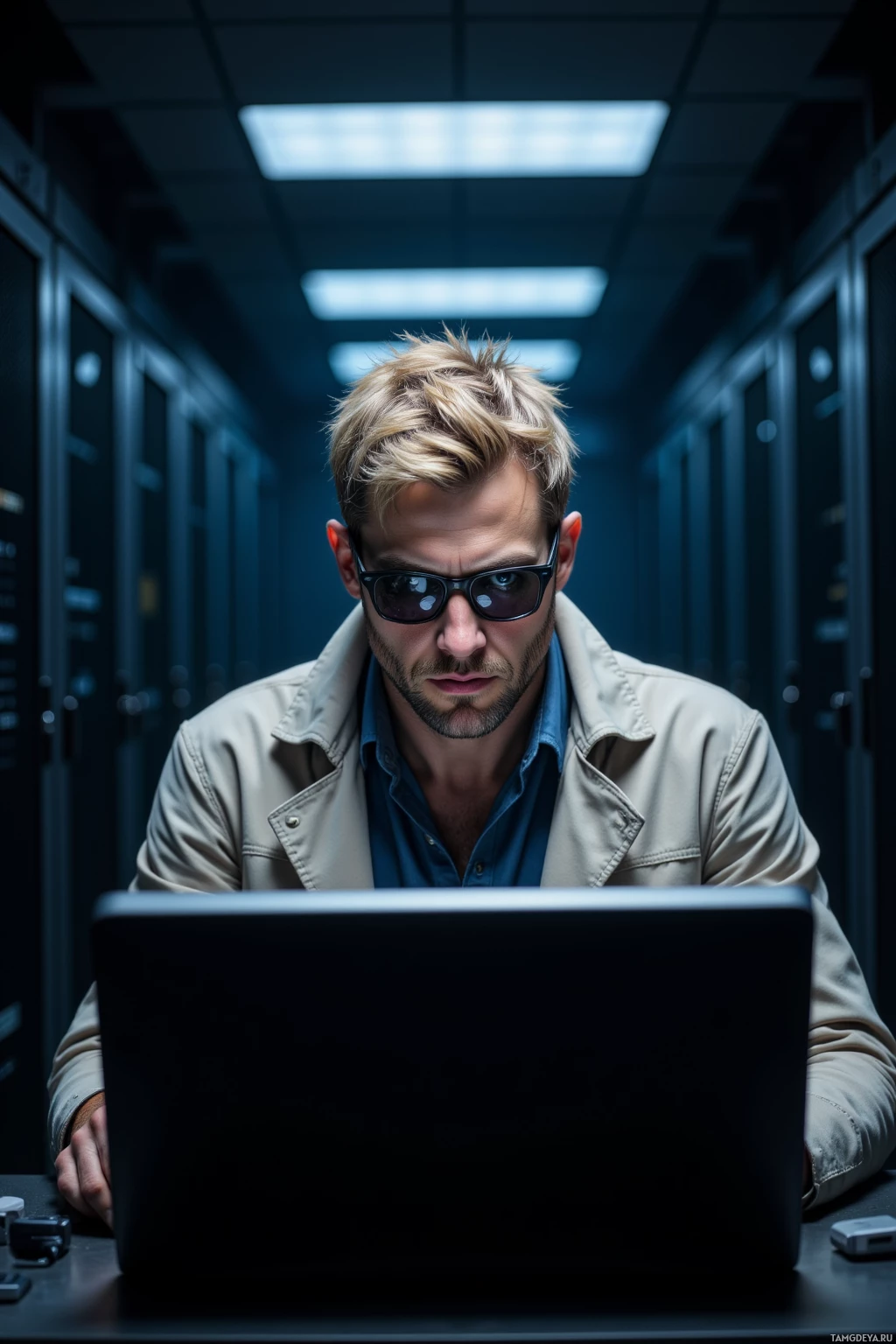 Realistic high quality photo. A calm 43‑year‑old man with messy blonde hair and piercing blue eyes, wearing a worn trench coat and dark sunglasses, sits alone at a flickering monitor in a dim server room at night, surrounded by humming racks and long shadows.