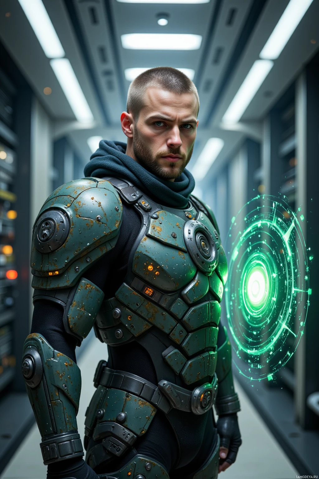 Realistic high quality photo. Male 35‑year‑old muscular warrior with light brown buzzcut hair, blue eyes, wearing tactical mesh armor revealing green-veined forearms, poised in a steel-lined mainframe hall bathed in soft bioluminescent glow, holding an energy shield that projects swirling data packet lances around him