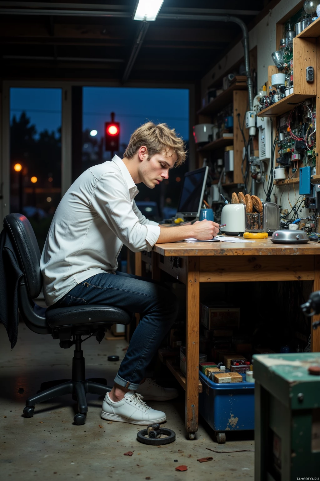Realistic high quality photo. A restless 24‑year‑old man with short tousled blonde hair and blue eyes, wearing an untucked crisp white shirt over dark slim jeans and white sneakers, hunched at a cluttered workbench in a dimly lit home garage surrounded by a burnt toaster, prototype circuitry, tangled wires, and glowing blinking traffic lights visible through the window late at night.