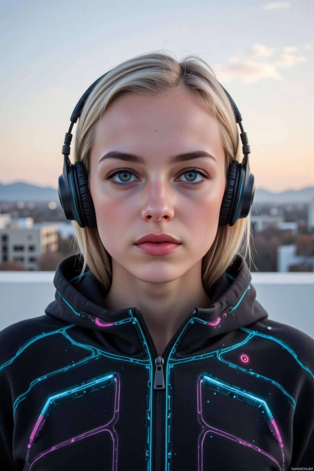 Realistic high quality photo. Female, 26, shoulder-length platinum blonde hair, blue eyes, fair skin, sharp cheekbones, wearing a futuristic black hoodie with neon lines and gaming headphones, calibrating neural links against a holographic data lattice on a dawn-lit rooftop, surrounded by swirling data streams and racing hyperdrive rivals, exuding razor‑sharp focus and adrenaline‑fueled confidence.