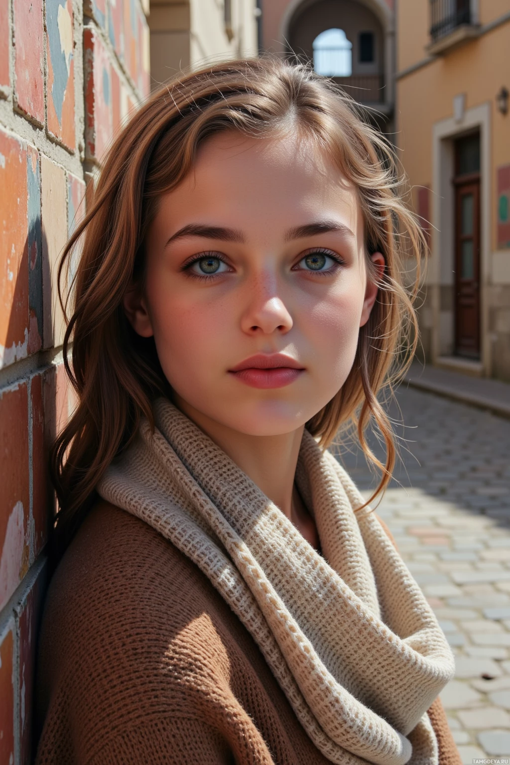 Realistic high quality photo. A 23‑year‑old woman with soft curly brown hair, bright blue eyes and warm complexion, wearing a cozy scarf and comfy sweater, stands in an old market corner where faded tiles are illuminated by afternoon light, gently smiling at a passerby as gentle shadows dance across the worn stones.