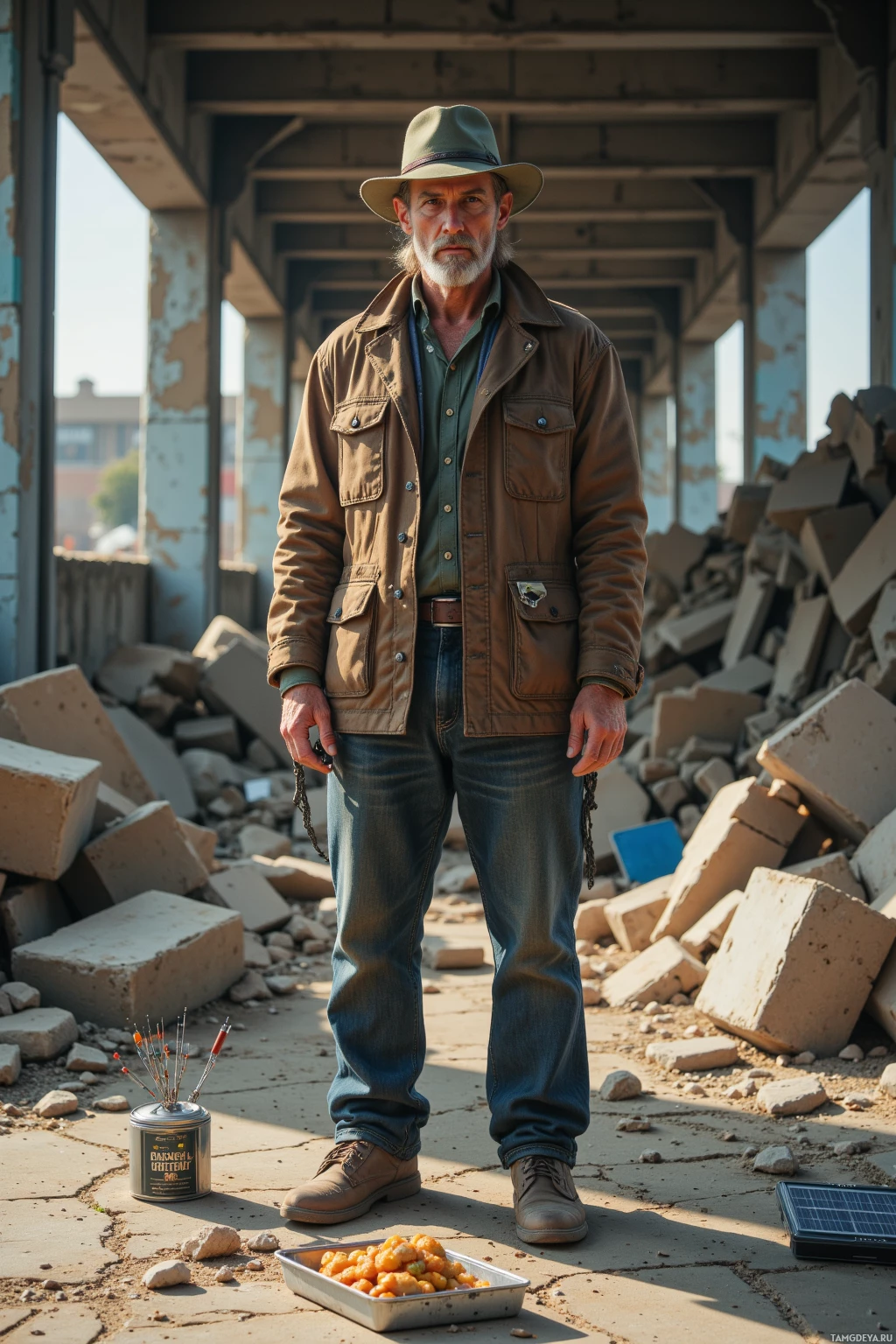 Realistic high quality photo. 45‑year‑old rugged man with unkempt blonde hair, piercing blue eyes, wearing a faded green hat and a well‑worn brown jacket with pockets, stands amid the rubble of an abandoned mall, soldering salvaged wires onto a broken TV to build a solar‑powered radio antenna, a tin tin with a day‑old meal on cracked concrete, dust swirling in afternoon light, faint static visible as invisible waves radiating from the makeshift device, pragmatic determination etched on his face.
