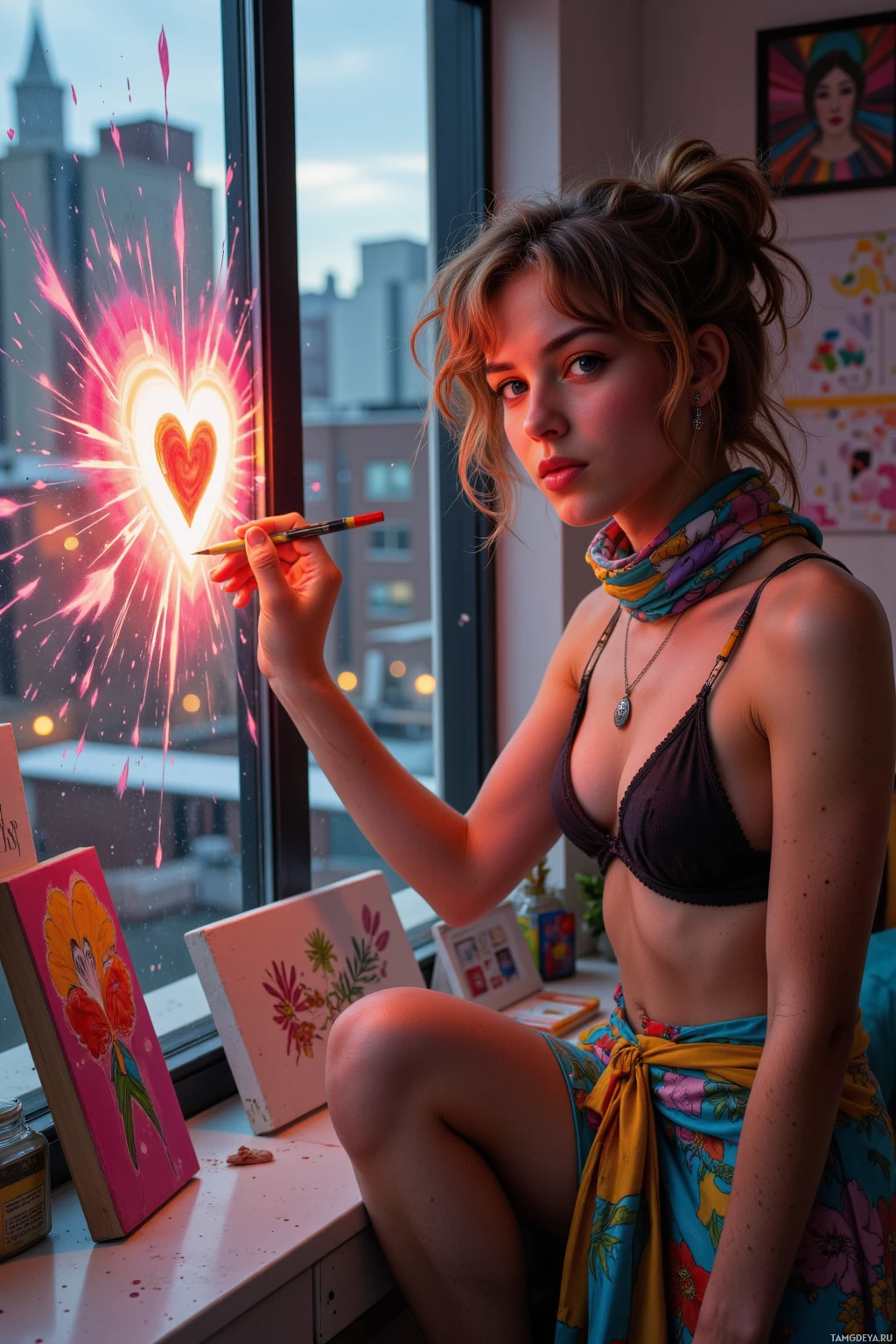Realistic high quality photo. A 26‑year‑old woman with wild curly brown hair, bright blue eyes, fair skin, high cheekbones, mischievous smile, wearing an eclectic brightly patterned flowy skirt, statement jewelry, and a colorful scarf, sketching a glowing floating heart on a studio window while three canvases of pulsing colors sit beside her, the reflection of city lights shimmering on the glass, a hummingbird drawing on the fridge visible, her restless yet excited expression in a modern apartment interior bathed in warm evening light.