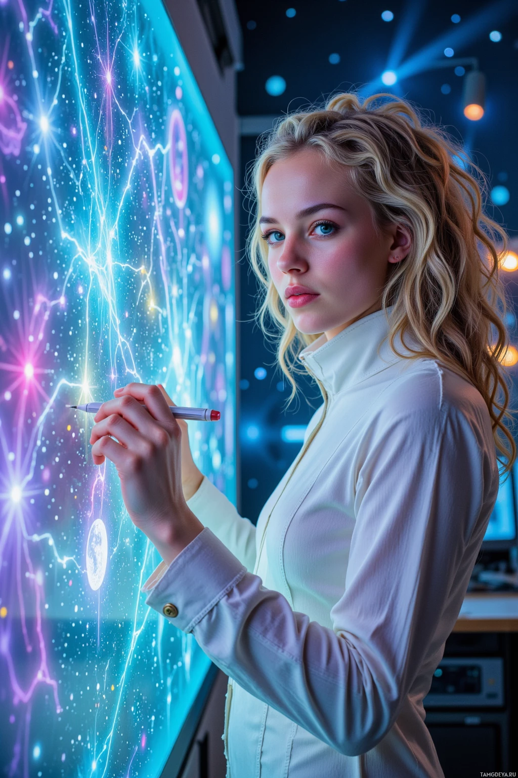Realistic high quality photo. 27-year-old woman with curly blonde hair, bright blue eyes, radiant skin in a flowing white jumpsuit adorned with glowing bioluminescent star accents, sketching vivid constellations on a translucent skyboard while humming distant moon melodies, surrounded by dancing quantum particle streams and interstellar vines tangled around projects inside a futuristic laboratory filled with holographic star maps and swirling nebulae of doubt.