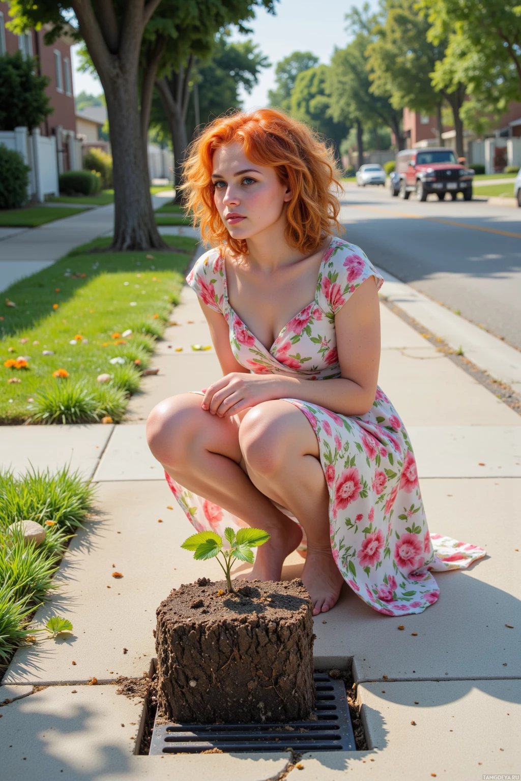 Realistic high quality photo. A 27‑year‑old woman with curly orange hair, bright blue eyes, wearing a knee‑length floral dress in warm pastel tones, kneels in the shadow of a storm drain on a concrete city street, whispering to nearby thorns as a small cube of earth sprouting a single leaf stands beside her, a lawn mower buzzes in the background, and a squirrel watches, with cracks in the pavement revealing a patch of emerging wild green under late afternoon light.