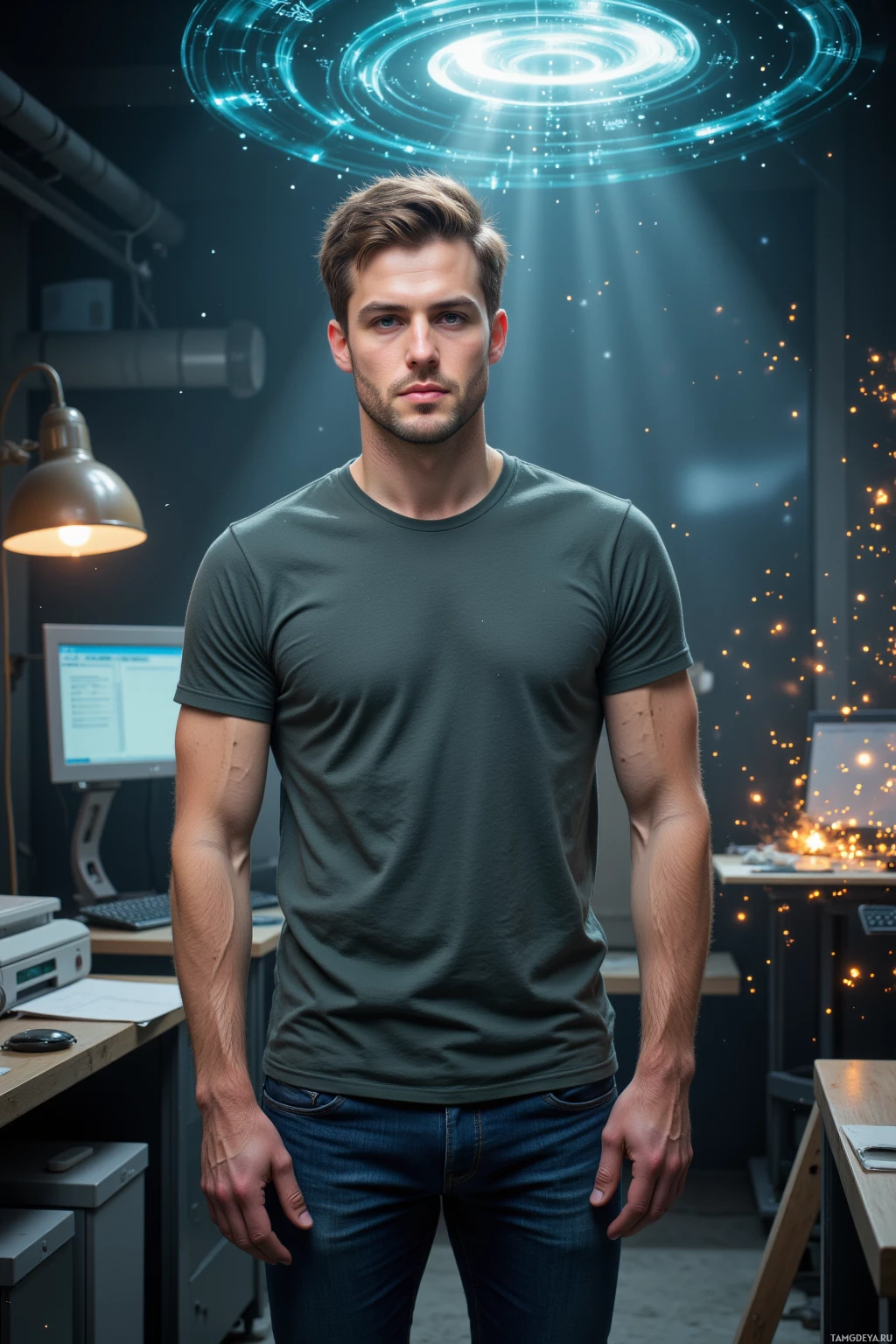 Realistic high quality photo. Male, 29, short light brown hair, blue eyes, fair skin, sharp features, wearing a simple fitted t‑shirt and jeans, standing amid floating holographic equations of a micro‑gravity propulsion system in a dimly lit futuristic lab, with an old office printer jammed and sparks swirling like entropy while he maintains a focused yet dry‑witted expression.
