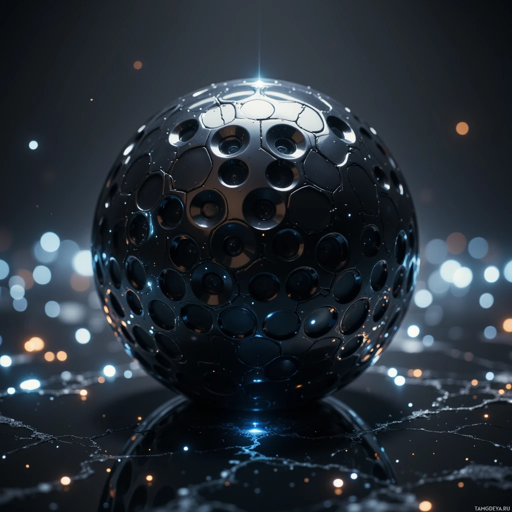 Semi-abstract image with many light, that is suitable for the post:  A sleek black titanium sphere, golf ball sized, with a smooth polished finish, embedded solar cell array, faint glowing core, projecting soft holographic light.