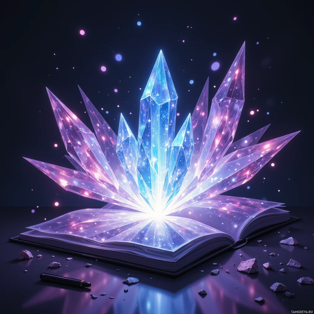 Semi-abstract image with many light, that is suitable for the post:  Translucent crystal‑shaped sketchbook made of polished glass facets with a sleek touch‑sensitive panel and tiny integrated battery compartment, emitting soft pastel holographic light that projects 3D images from the page.