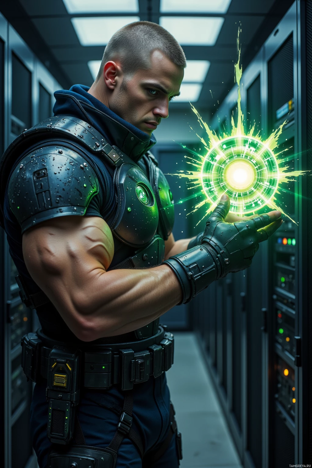 Realistic high quality photo. A muscular 35‑year‑old man with a light brown buzzcut and blue eyes, wearing tactical mesh armor revealing green‑veined forearms, stands in a dimly lit server room, unleashing precise strikes and a burst of digital code from his wrist to forge a glowing shield hologram that turns server racks into a fortified battlement.