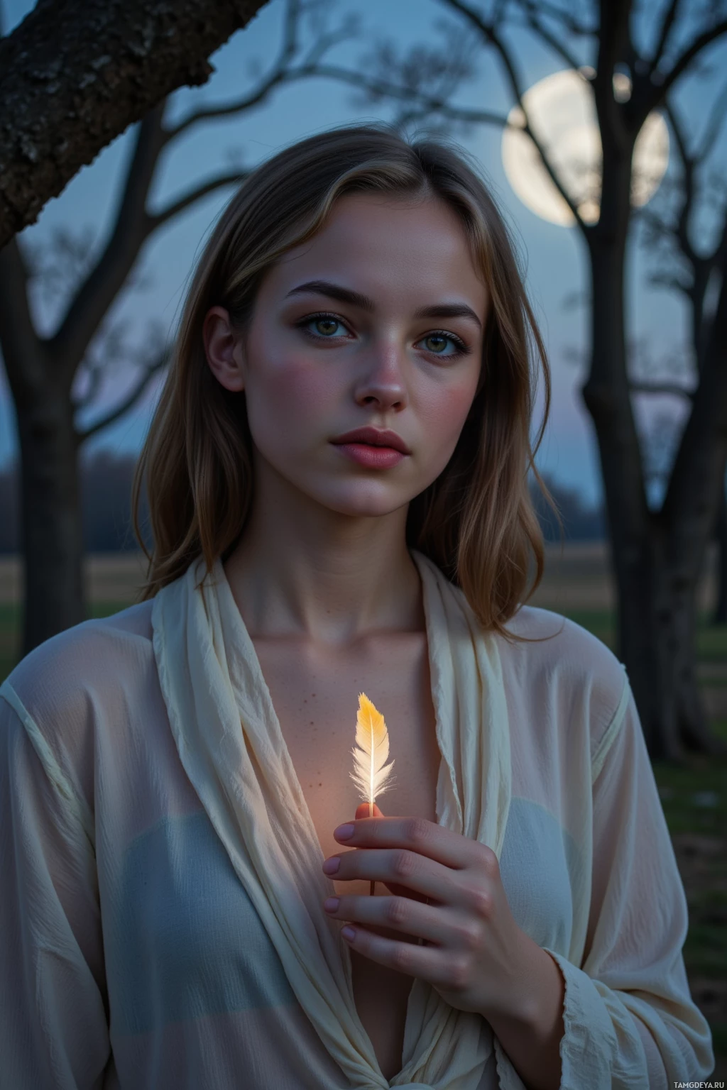 Realistic high quality photo. Serene 31‑year‑old woman with shoulder-length light brown hair, green eyes, fair skin, wearing a flowing blouse and soft scarf, stands beneath ancient oak trees in a twilight forest, a delicate feather drifting in a gentle breeze as moonlight filters through the canopy to create soft, quiet shadows.