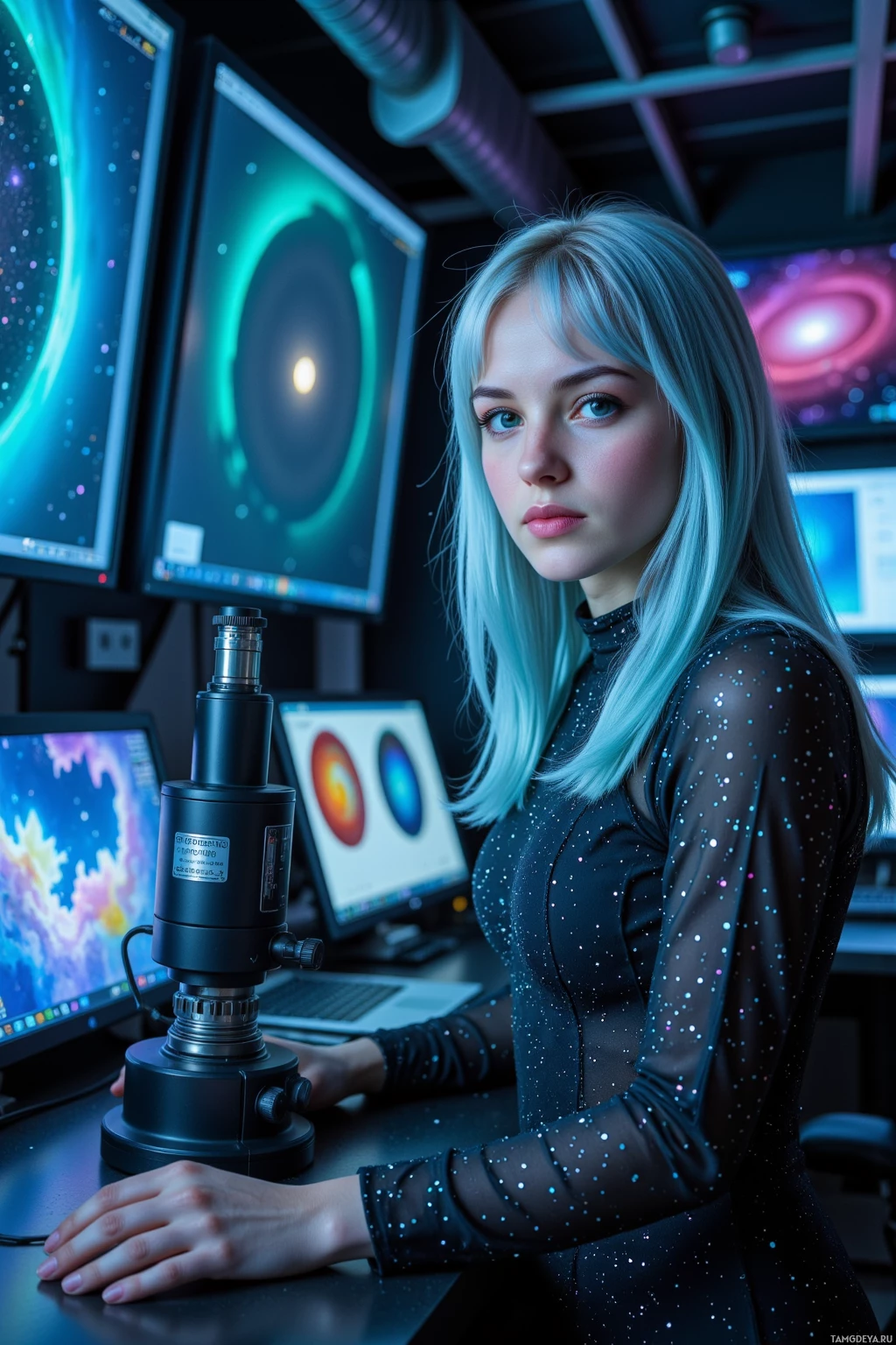 Realistic high quality photo. Woman astrophysicist, 27, silver‑blue straight hair, vivid green eyes, pale glowing skin in a shimmering star‑adorned dress, adjusting a spectrograph on a night‑time lab bench while faint aurora‑like light reflects from monitors displaying pulsar data.