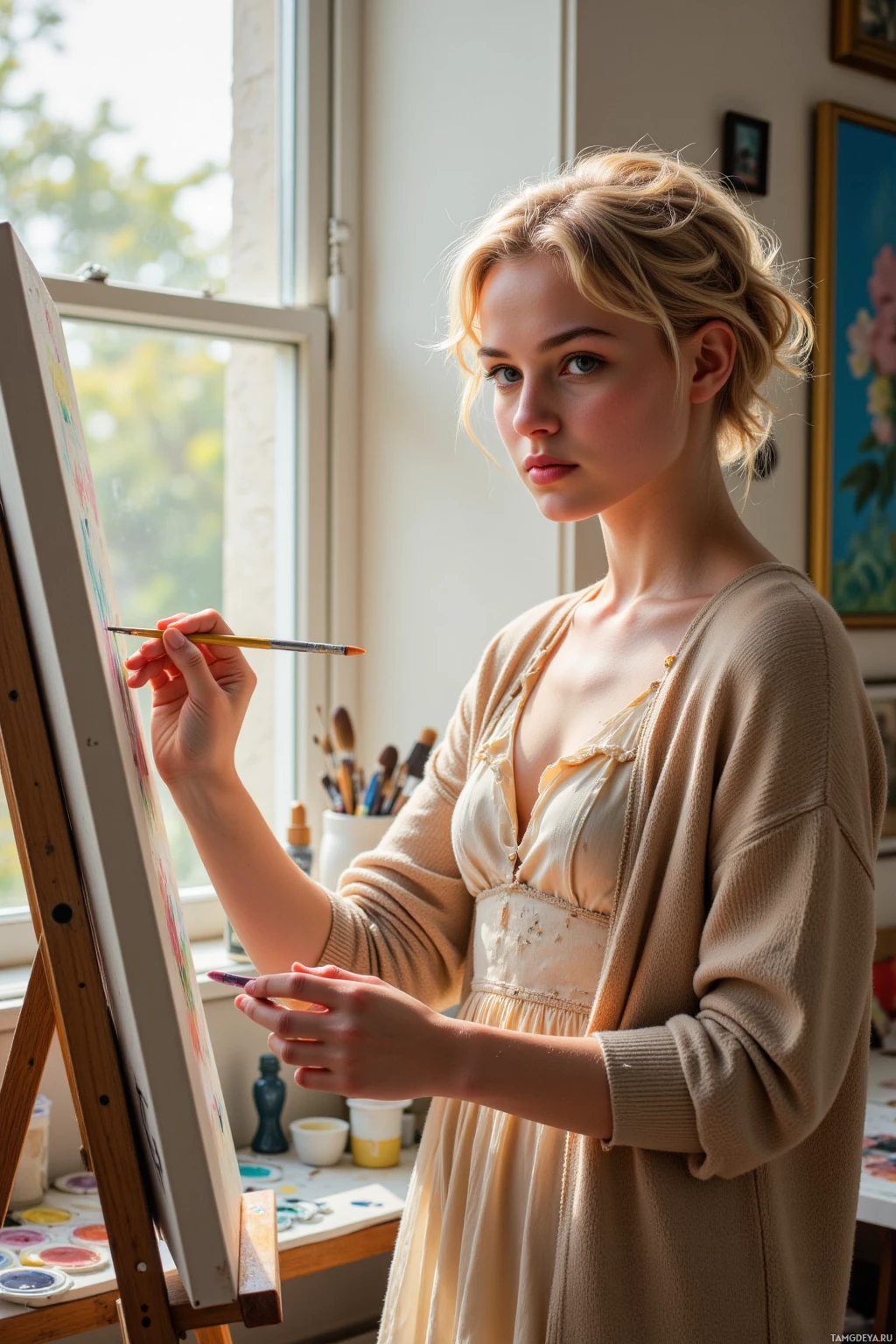 Realistic high quality photo. A 24‑year‑old female artist with short curly blonde hair, clear blue eyes, porcelain skin, delicate features, wearing a vintage‑inspired flowy dress and cozy cardigan, standing in a light‑filled studio, staring at a canvas and painting a single brushstroke, surrounded by paint palette and brushes, warm sunlight streaming through the window.