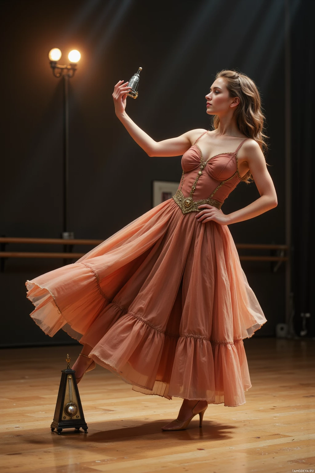 Realistic high quality photo. A 27‑year‑old woman with wavy dark brown hair, warm golden brown skin, wearing a flowing vintage‑inspired ballroom gown pirouettes on a polished dance studio floor under a spotlight while negotiating with a small antique metronome, dramatic silence highlighted by subtle lighting.