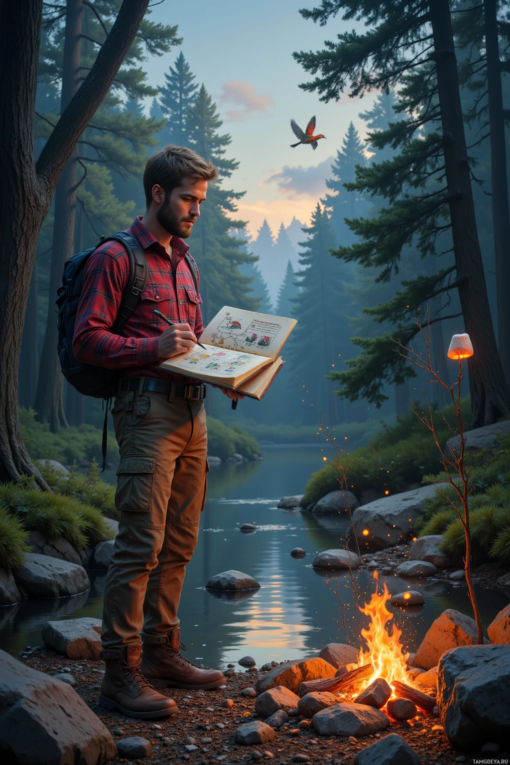 Realistic high quality photo. A 35‑year‑old man with short light brown hair, a beard, blue eyes, wearing a red flannel shirt, olive cargo pants and scuffed hiking boots stands by a forest stream at dusk, sketching a neat flowchart of otters on a notebook while a parrot squawks about evolution nearby, bugs hissing around him, and he roasts a marshmallow over a single ember as a reward ceremony.