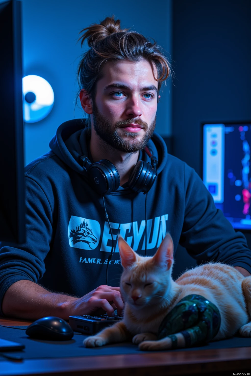 Realistic high quality photo. A laid‑back 27‑year‑old man with messy light brown hair tied back in a loose bun, bright blue eyes and rugged beard sits relaxed in front of a glowing monitor wearing a faded hoodie with a gaming logo and wireless headphones around his neck; a cat sprawls on the keyboard staring at the screen while a dragon plush toy sits beside him, all bathed in midnight blue glow from the computer in a cozy living‑room setup.