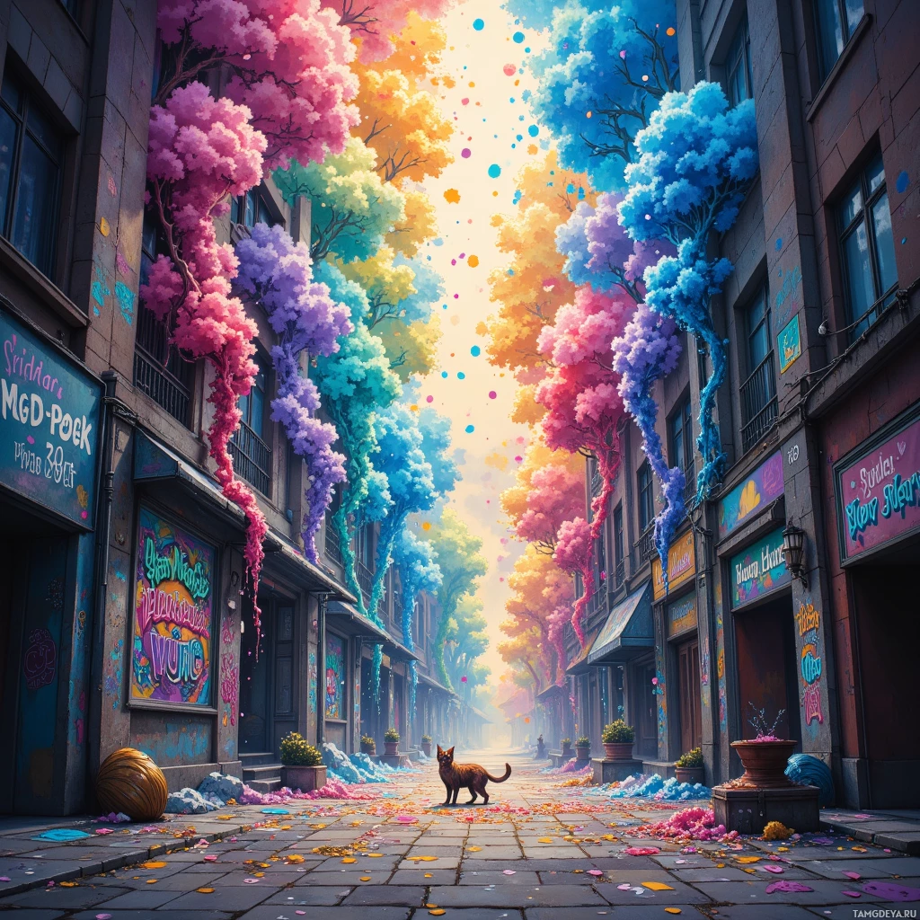 Semi-abstract image with many empty light space at center of beautiful background, that is suitable for the post:  Midnight graffiti dissolves into confetti storms, and stray cats judge each splash like silent philosophers.