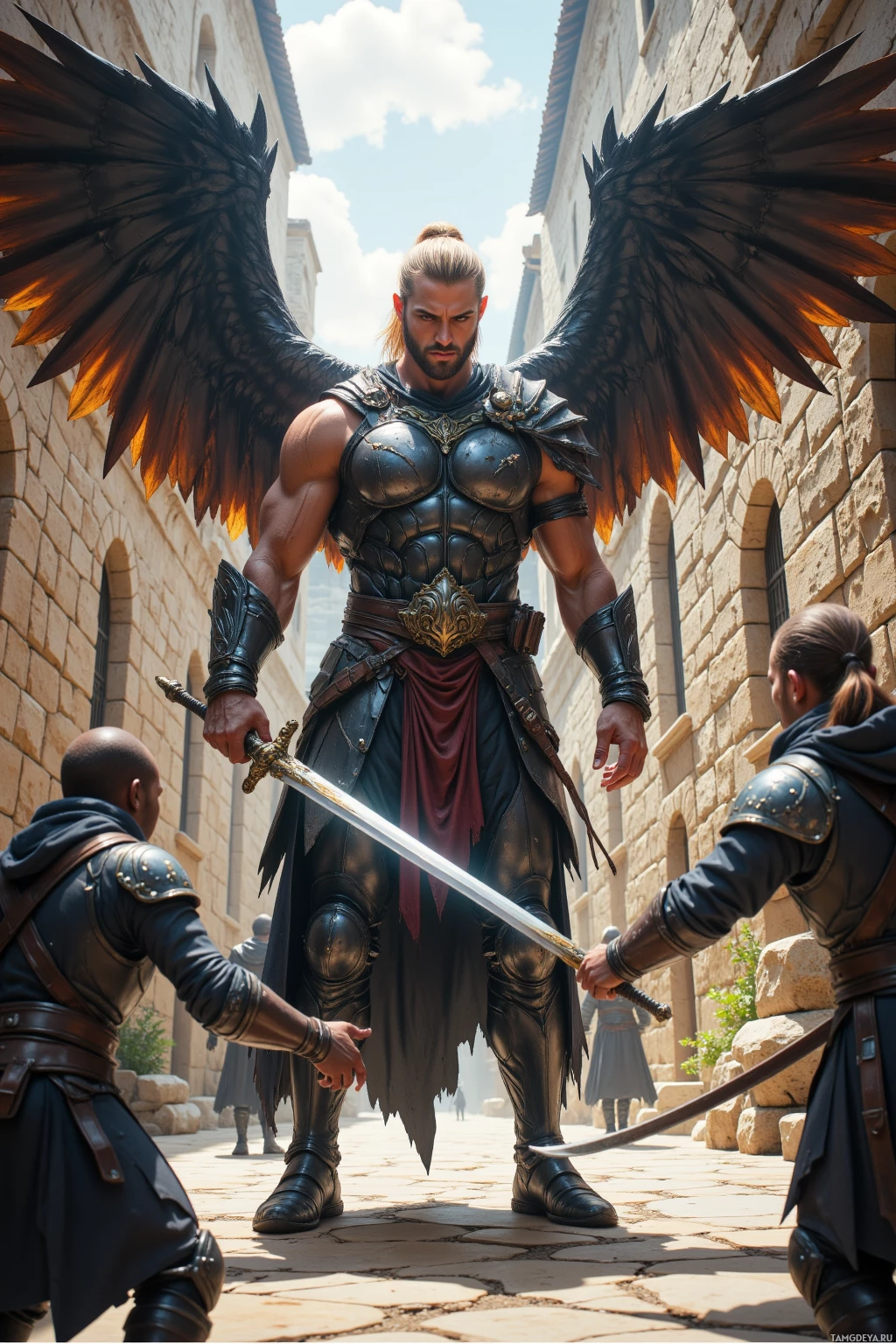 Realistic high quality photo. A towering muscular man with blonde ponytail, sharp claws, large menacing wings, wearing black leather armor adorned with silver plates and a flowing cape, standing in a sunlit stone courtyard teaching eager young warriors to parry with a gleaming sword while the morning light filters through ancient stone walls.