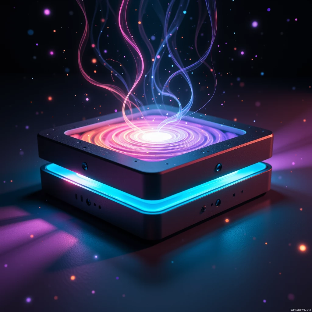 Semi-abstract image with many light, that is suitable for the post:  A pocket‑sized field generator with a matte‑black alloy chassis, pulsing iridescent filaments spiraling along its surface, glowing softly and shifting colors, sleek and compact.