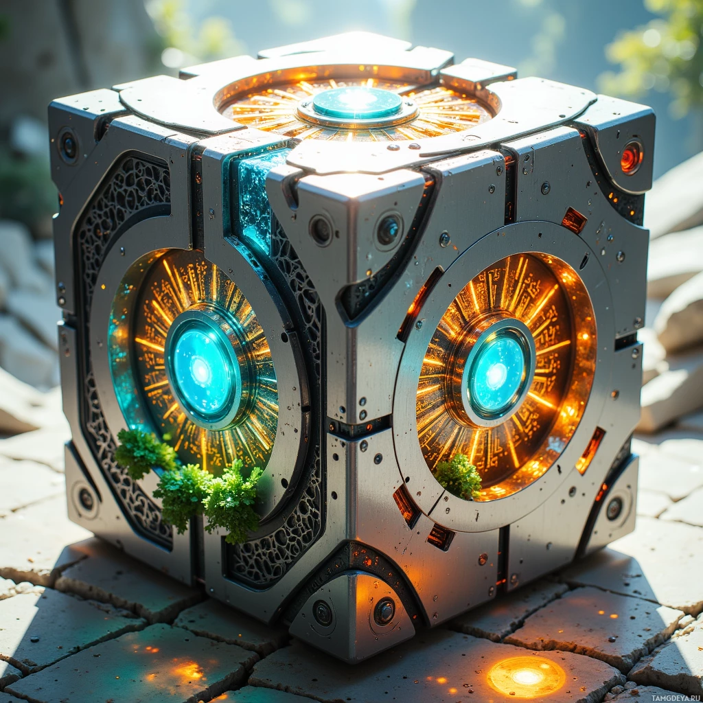 Semi-abstract image with many light, that is suitable for the post:  A sleek titanium cube, matte silver with intricate glowing amber glyphs etched on its surface, partially transparent corners revealing a vibrant green hydroponic chamber, a shimmering reflective solar array, and a translucent blue adaptive shield deploying from its center, all bathed in soft sunlight.