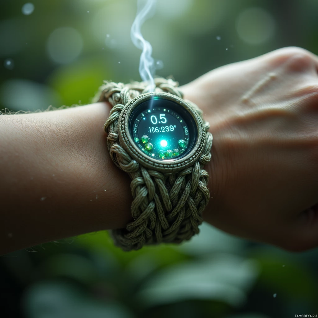 Semi-abstract image with many light, that is suitable for the post:  Wristband woven from soft hemp fibers braided with shimmering silver threads, featuring a tiny glowing OLED display showing heart rate and temperature, subtle translucent microcapsules of lavender, chamomile, and ginseng inside that emit gentle vapor, in muted greenish‑brown tones.