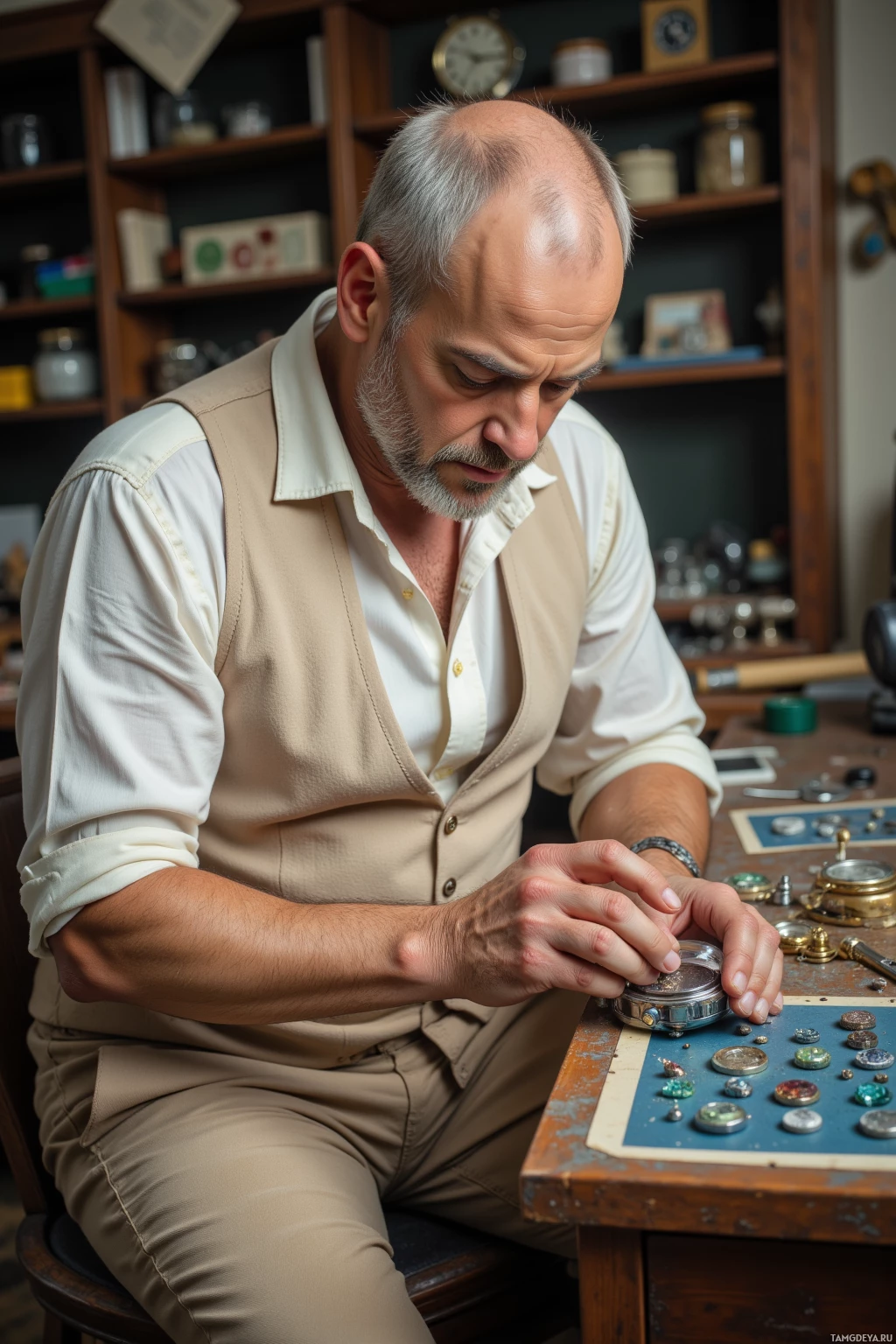 Realistic high quality photo. A 45‑year‑old man with short blonde hair, pale blue eyes, pale skin, wearing a cream vest over a light shirt and beige slacks, carefully tightening a rivet on the back plate of a watch in a tidy workshop, a tiny gap visible, with a drawer of flawed gemstones beside the desk, radiating measured precision and quiet obsession.