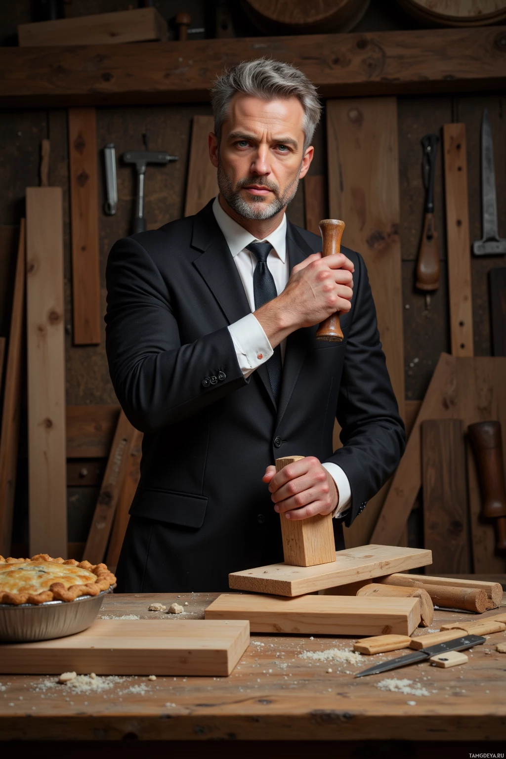 Realistic high quality photo. A 40‑year‑old man with short gray hair and beard, blue eyes, wearing a tailored black suit, white shirt, and slim black tie, stands in a wooden workshop surrounded by boards and tools, carefully hammering the last nail into a newly built shelf he crafted from a stubborn board, while a freshly baked pie rests on a nearby countertop.