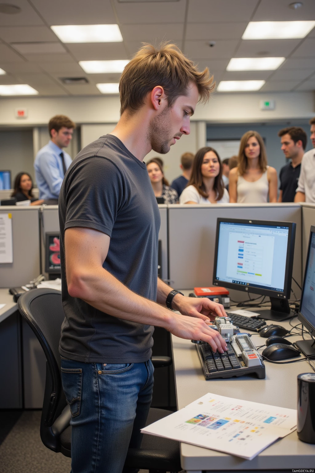 Realistic high quality photo. Male, 29, messy light brown hair, bright blue eyes, pale skin, wearing a t‑shirt and jeans, stands in an office cubicle at 3 PM, using a stapler modified with a rubber band to launch a boss’s keyboard across the desk while coworkers laugh around him.