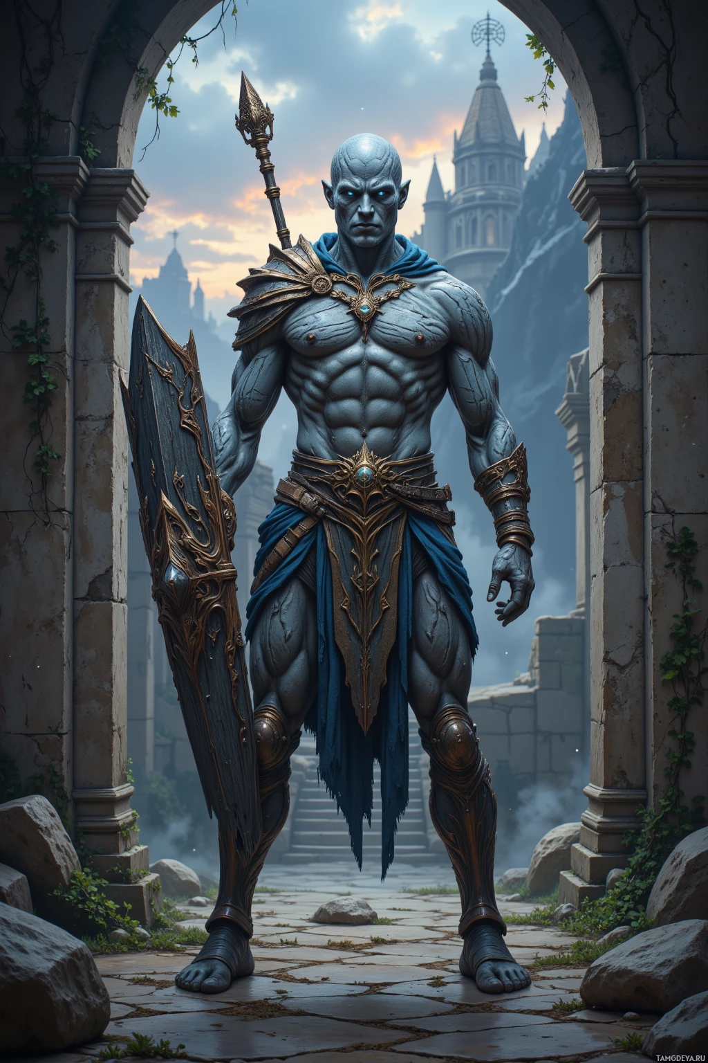 Realistic high quality photo. Male guardian with rugged gray‑brown rocky skin, thick scaly armor plates with sharp ridges, intense blue glowing eyes, no hair, holding a heavy scepter, standing in ancient crumbling stone ruins covered with vines, performing a yoga pose called Perpetual Shield with arms extended, a faint glowing WiFi relic antenna atop a broken column, under a shifting twilight sky, calm yet rigid posture in a medieval fantasy setting.