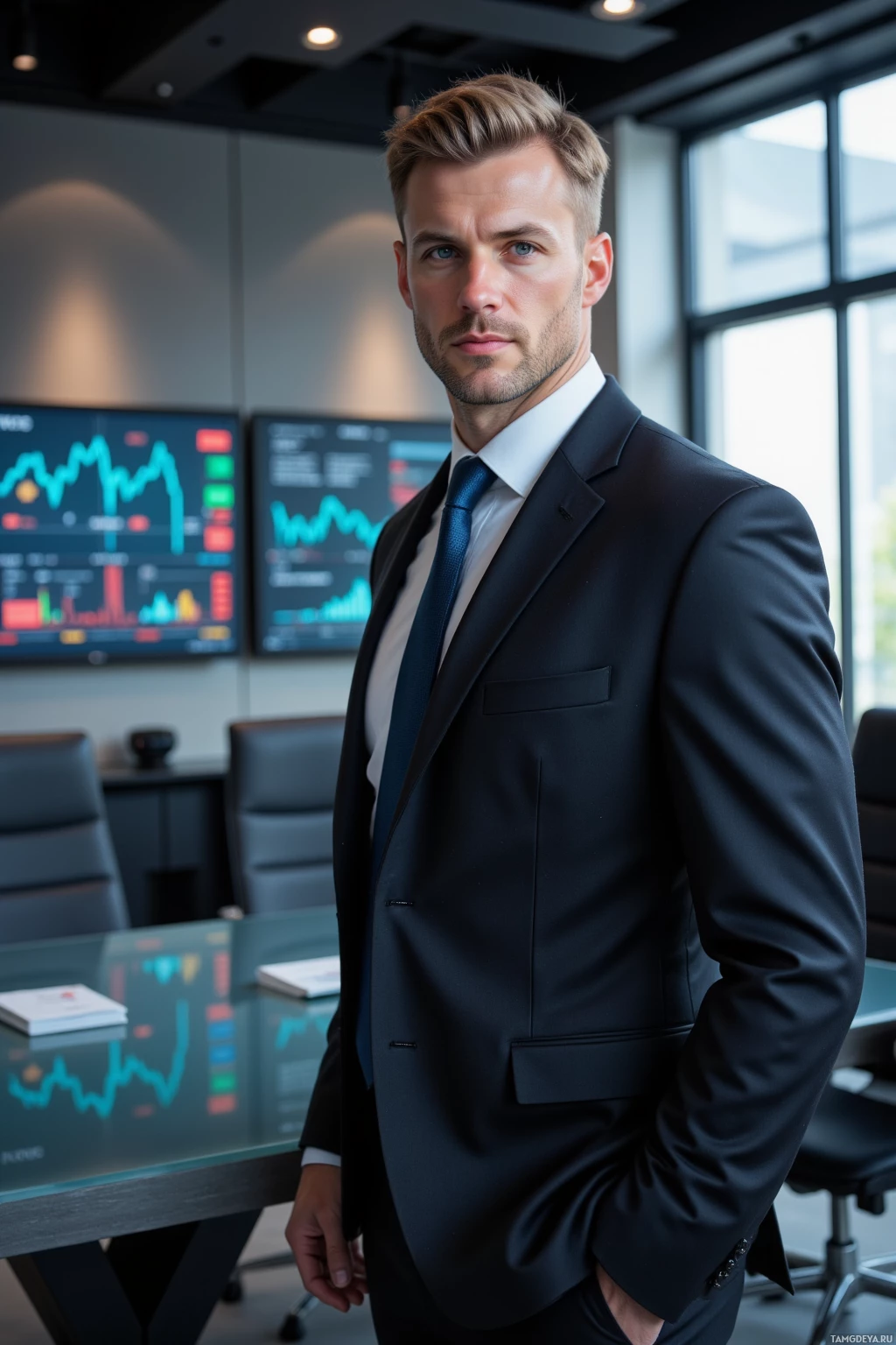 Realistic high quality photo. A sharp-featured man in his late 30s with short dark blonde hair and blue eyes, wearing a tailored black suit, crisp white shirt and slim tie, confidently standing beside a glass conference table with glowing computer screens displaying dynamic stock charts in a modern corporate boardroom under natural daylight.