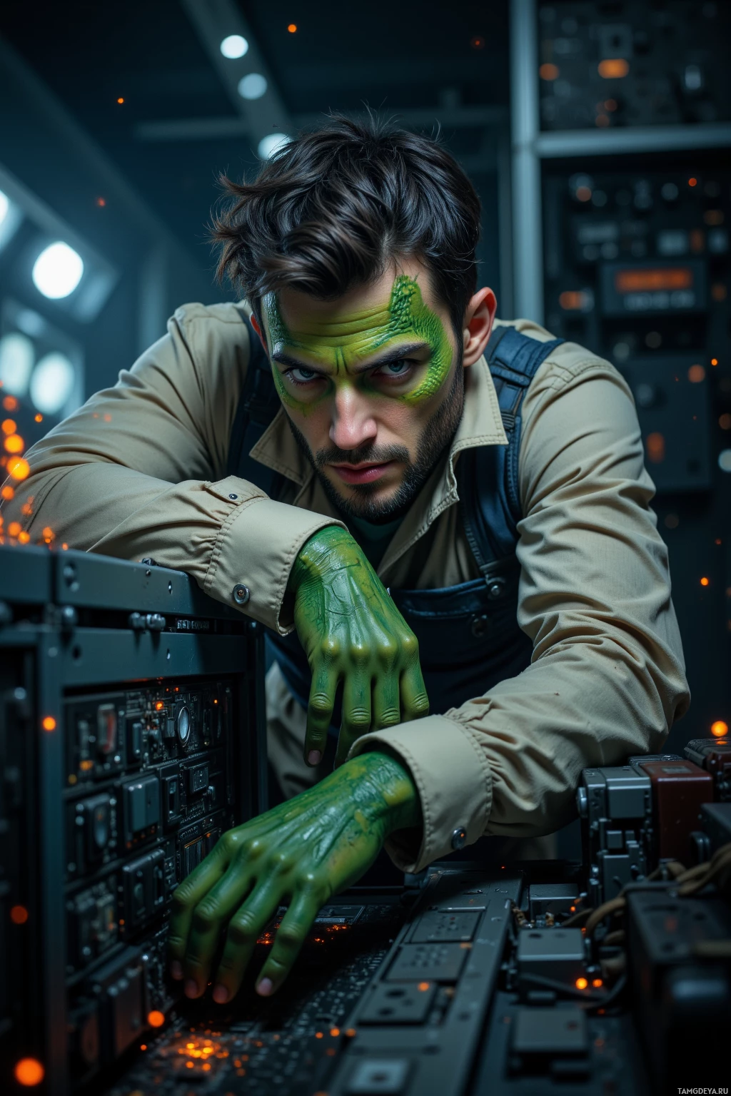 Realistic high quality photo. Male, 38, messy dark hair, piercing blue eyes, greenish reptilian skin, wearing a white shirt under an armored trench coat, leaning over a humming server chassis in a dimly lit sci‑fi laboratory, palm pressed to the metal, a subtle fox‑tail silhouette peeking from a quiet corner as electric sparks dance, methodical yet impulsive posture, machinery clicking softly.
