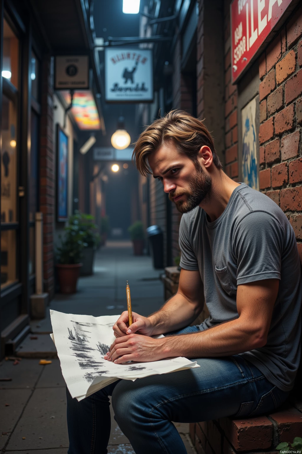 Realistic high quality photo. A 35‑year‑old man with messy blonde hair, a scruffy beard, deep brown eyes, wearing a faded t‑shirt and jeans, sits in a dim alley behind a laundromat with cracked brick walls, sketching a half‑finished, evolving skyline on a napkin with charcoal while train horns and distant sirens echo, surrounded by faint neon circuitry and the hush of urban solitude.