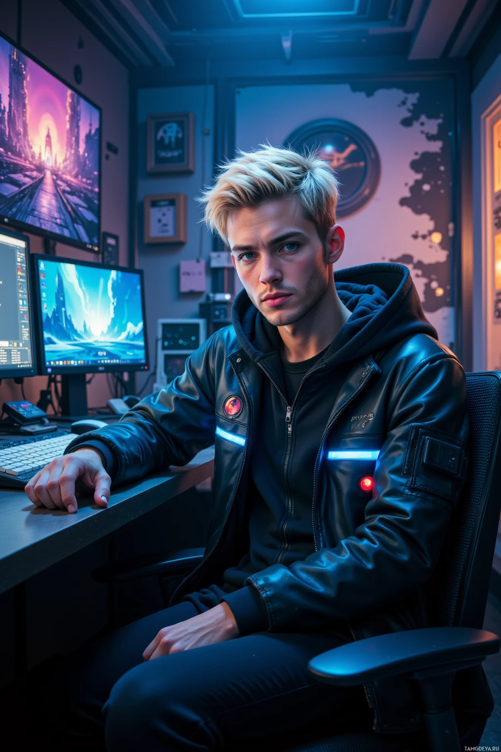 Realistic high quality photo. Male 27-year-old digital artist with short neon‑blonde hair, pale skin, angular features in a sleek hoodie with glowing accents and sharp blue eyes, seated at midnight in a dim cyberpunk studio surrounded by flickering monitors projecting pixelated shards and glitchy landscapes, cables and venting city hum, exuding confident detachment.