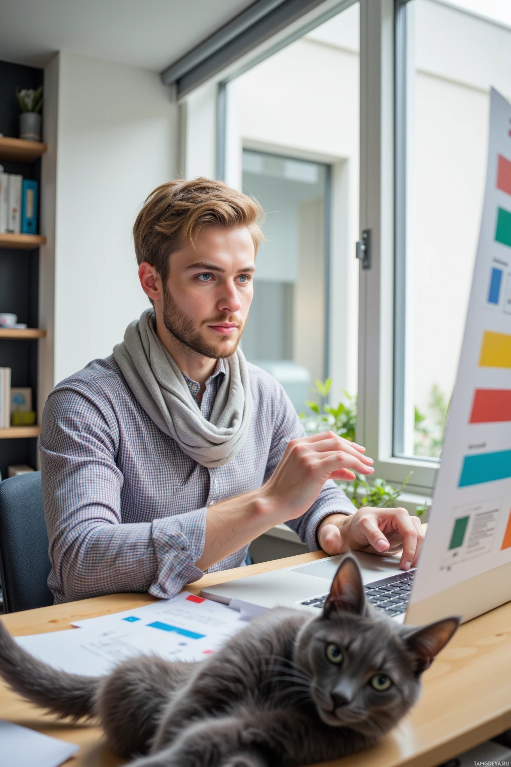 Realistic high quality photo. A 28‑year‑old man with short blonde hair, bright blue eyes, pale skin, wearing a checked casual shirt and a lightly striped scarf sits at a desk in a bright modern home office, meticulously sorting color‑coded email folders on his laptop while a gray cat leaps across the screen and deletes a stubborn PDF file.