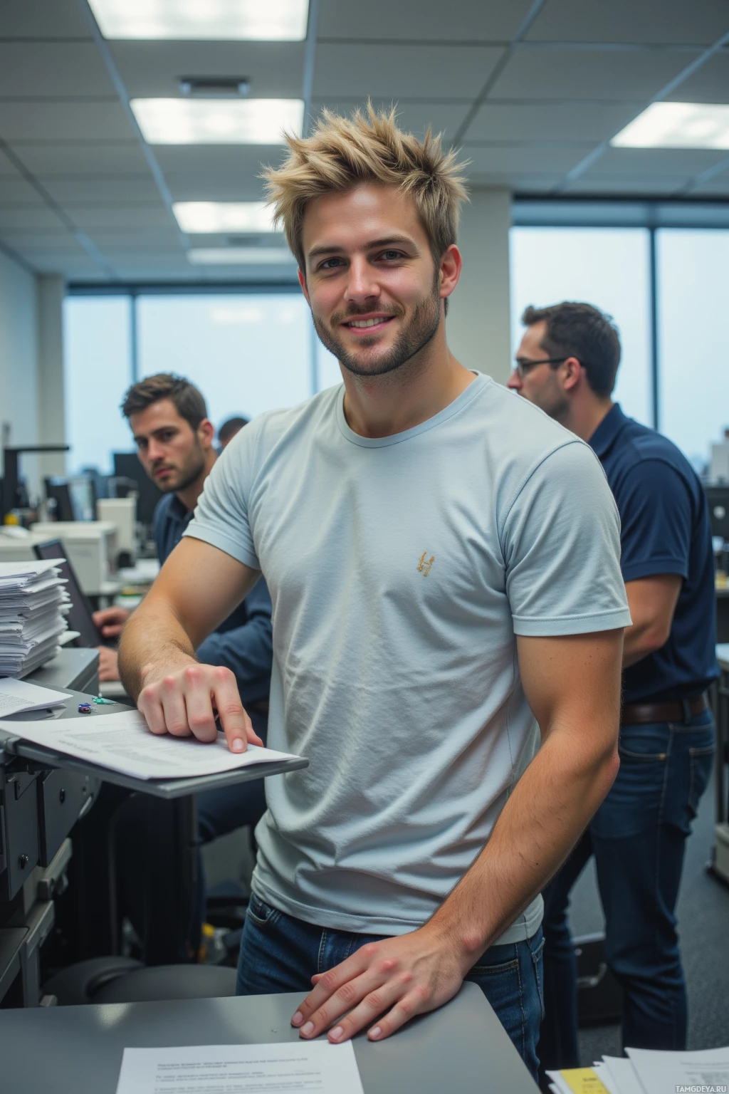 Realistic high quality photo. 28‑year‑old male with messy blonde hair and bright blue eyes, cheeky grin, wearing a casual tee and jeans, standing in a fluorescent‑lit HR office amid stacks of paperwork, pressing a copy machine button while a frowning supervisor watches from nearby.