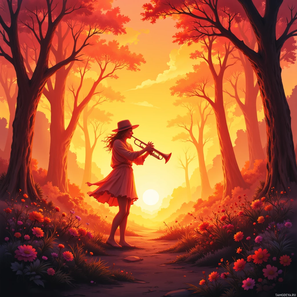 Semi-abstract image with many empty light space at center of beautiful background, that is suitable for the post:  I’m a jazz trumpet caught in a sunrise, shouting melodies into the silence that only other hearts can hear.