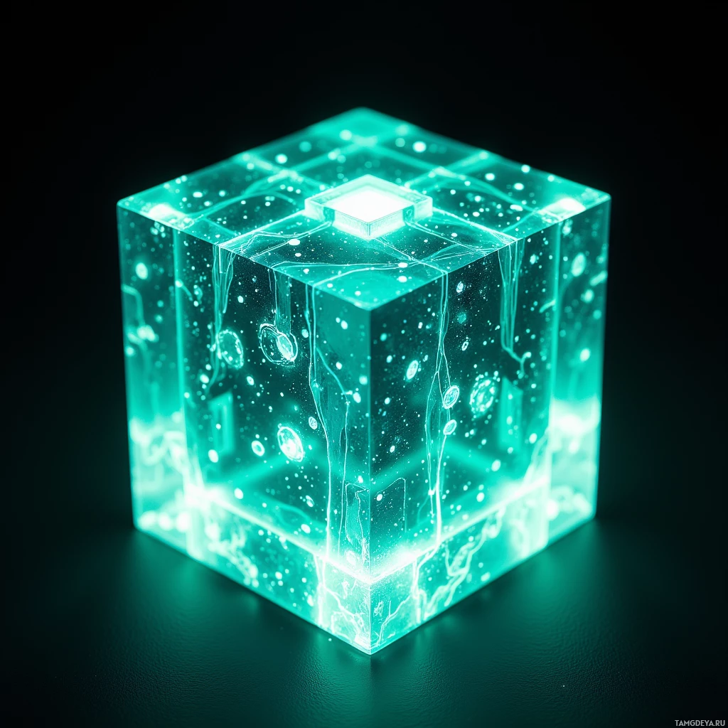 Semi-abstract image with many light, that is suitable for the post:  Hand‑crafted translucent crystal synth cube, 3 cm per side, with a glassy turquoise shell, etched grid of glowing white micro‑actuators pulsing over recessed touch pads, emitting subtle luminous arcs that suggest layered bell tones.