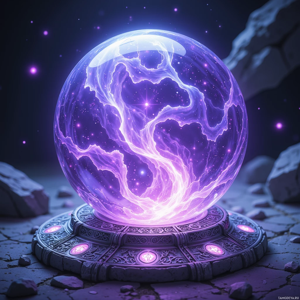 Semi-abstract image with many light, that is suitable for the post:  A translucent crystal orb emitting an inner violet glow, its surface rippling like liquid starlight, surrounded by a delicate silver lattice etched with glowing runic patterns that pulse softly.