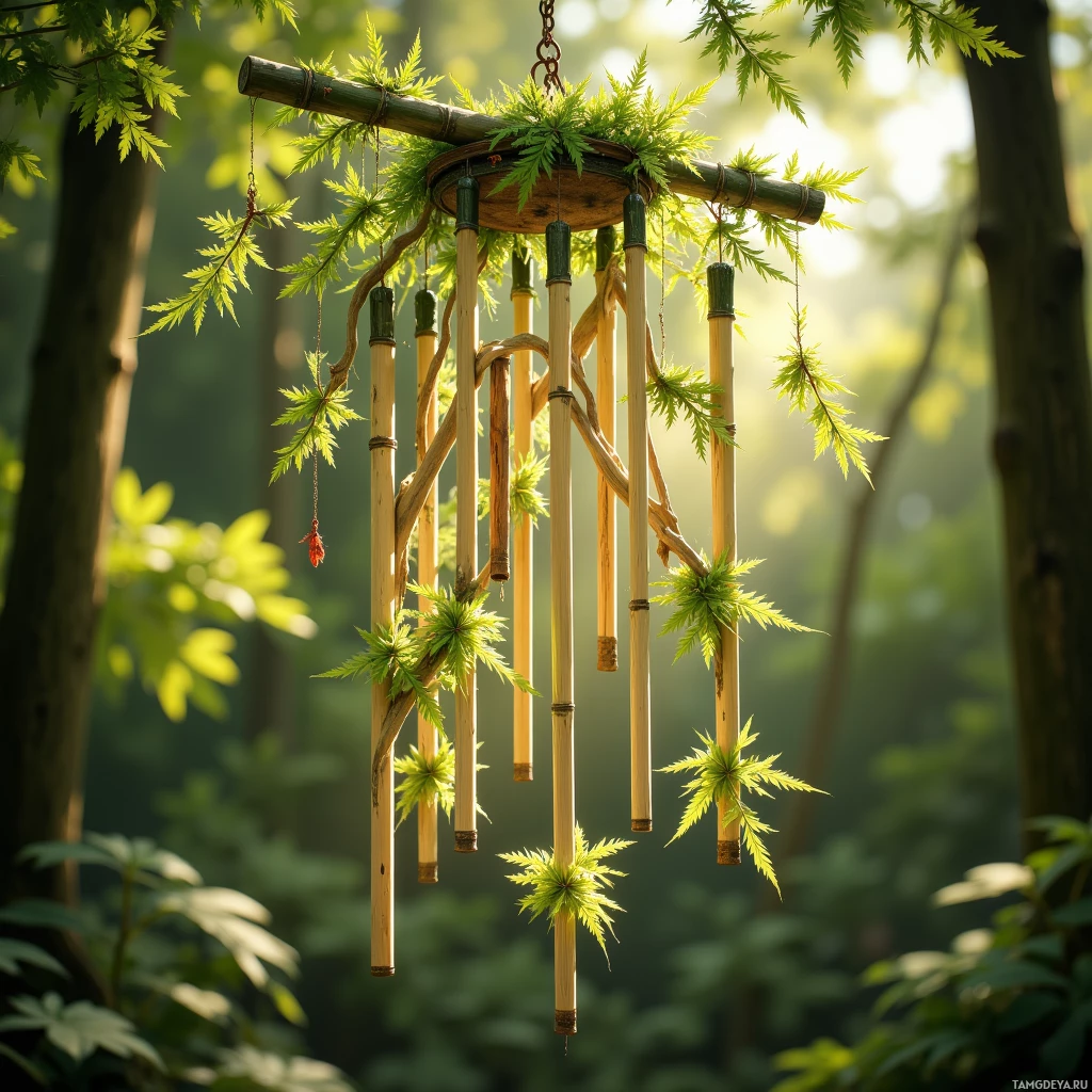 Semi-abstract image with many light, that is suitable for the post:  Hand‑tied bamboo wind chime with slender bamboo sticks, each twig sprouting tiny green ferns and delicate fern shoots like floating feathers, natural bamboo texture, subtle metallic clinks.