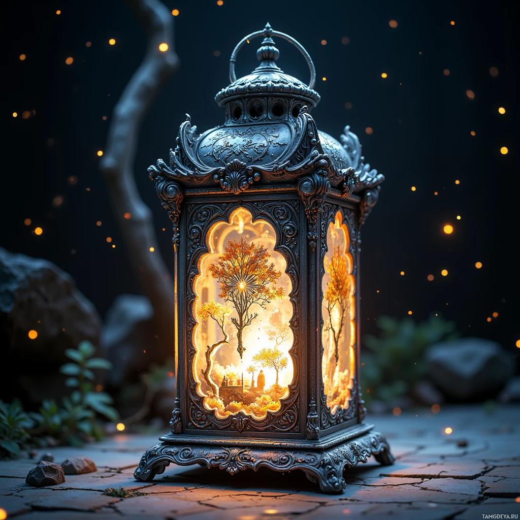 Semi-abstract image with many light, that is suitable for the post:  A silver lantern with an intricately carved frame of swirling runes that glow faintly like distant stars, a lattice of time etched into the glass, projecting flickering scenes of forgotten epochs.