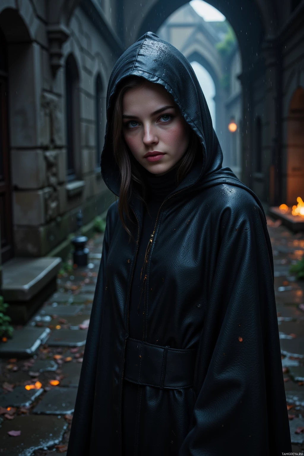 Realistic high quality photo. Nighttime alley with wet stone walls, a tall woman with dark hair and piercing green eyes, wearing a dark hooded cloak that blends into the shadows, silently moving through faint glowing embers, leaving no trace.